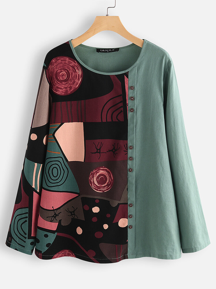 Button Ethnic Print Patchwork Long Sleeve Blouse For Women