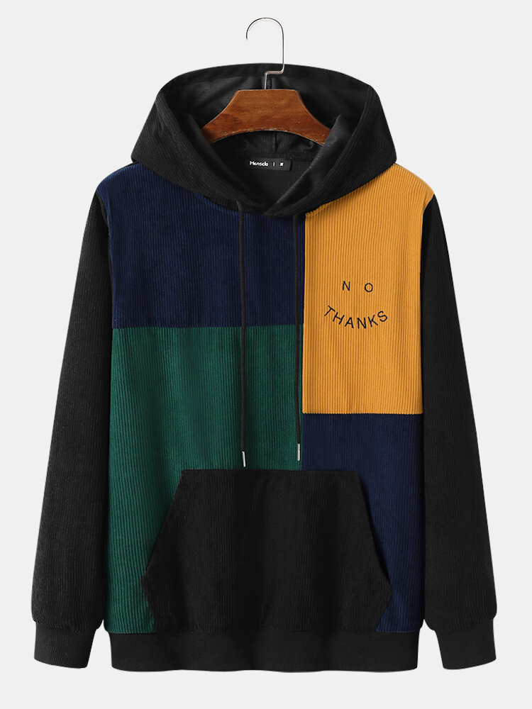 Mens Letter Embroidered Colorblock Patchwork Corduroy Preppy Hoodies