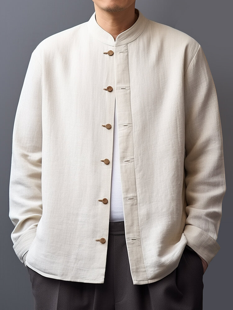 Chemises à manches longues solides en coton à col montant pour hommes de style chinois