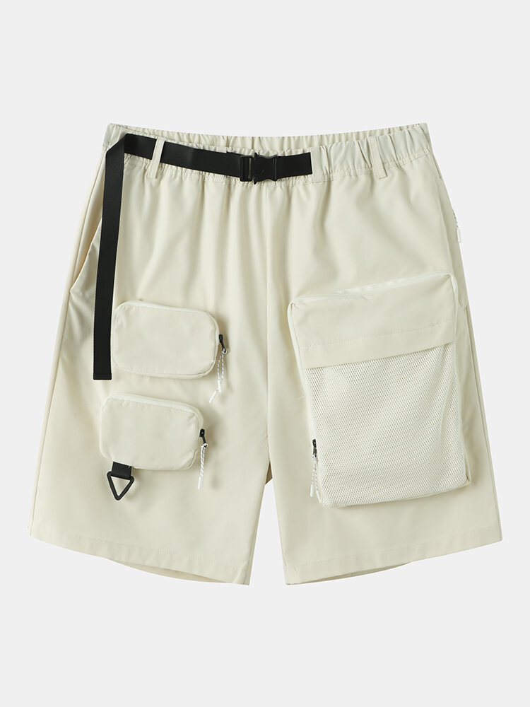 

Men Multi Pocket Zip Designed Utility Belted Cargo Shorts, Beige