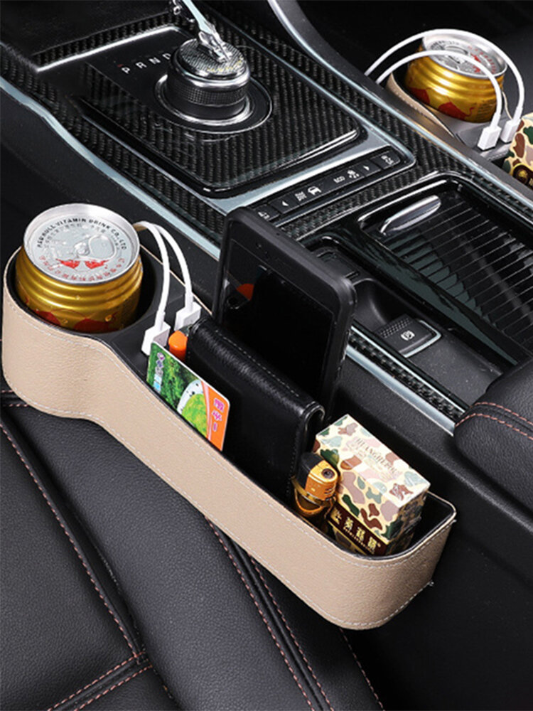 صندوق تخزين فجوة مقعد السيارة USB شحن صندوق تخزين متعدد الوظائف حامل أكواب ماء للسيارة من الجلد