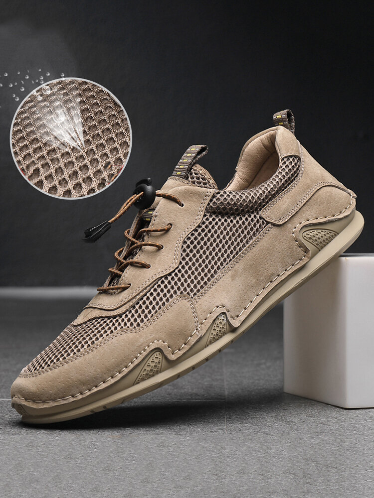 Men Mesh Splicing Pigskin Leather Breathable Casual Shoes