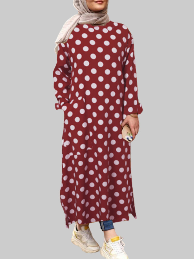 Polka Dot Print Split Long Sleeve Plus Size Dress with Pockets