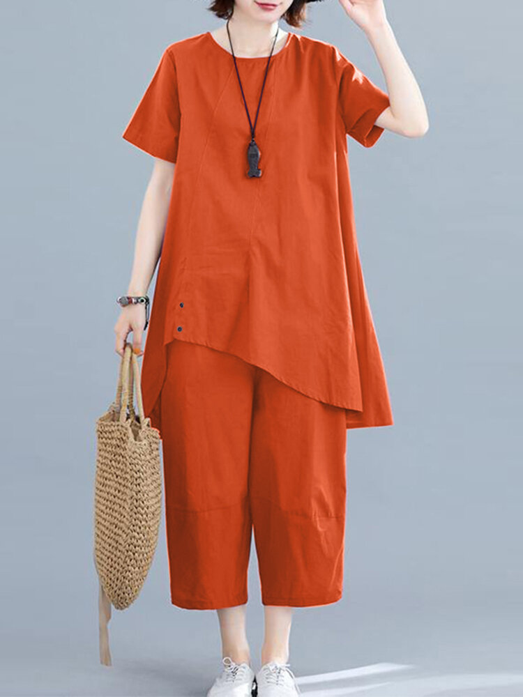 

Solid Pocket Asymmetrical Hem Short Sleeve Two Pieces Suit, Orange;purple;navy