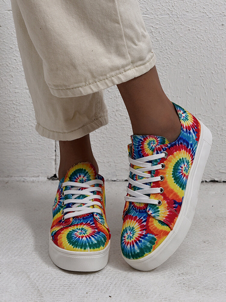 Large Size Lace Up Front Wide Fit Tie Dye Casual Skate Shoes for Women
