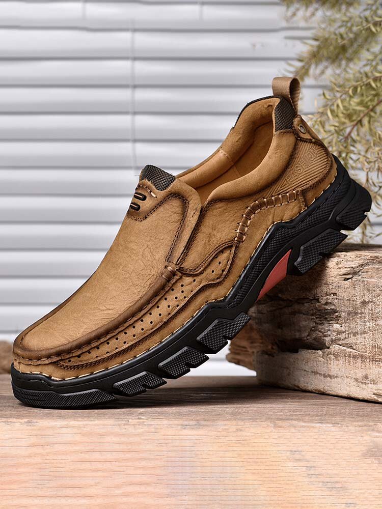 

Men Cow Leather Hard Wearing Non Slip Outdoor Casual Shoes, Khaki-lace up;dark brown-lace up;khaki-slip on;black