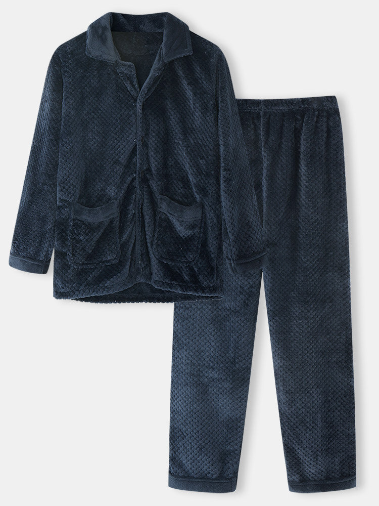 Mens Plush Texture Lapel Button Front Warm Loungewear Pajamas Sets With Pocket