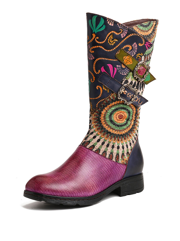 

SOCOFY Folkways Pattern Metal Buckle Genuine Leather Mid Calf Flat Boots, Purple