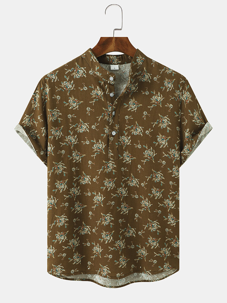 Mens Vintage Ditsy Floral Print Stand Collar Short Sleeve Henley Shirts