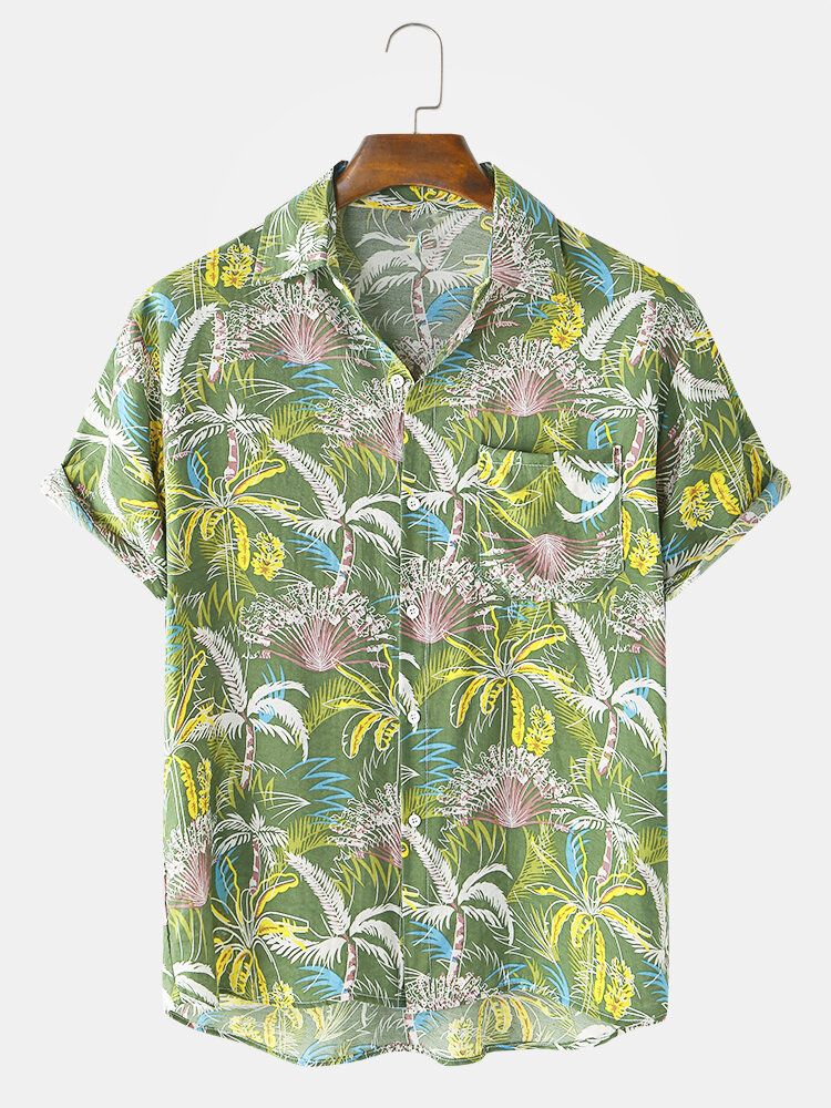 Mens Hawaiian Plant Printed Holiday Chest Pocket Short Sleeve Shirt