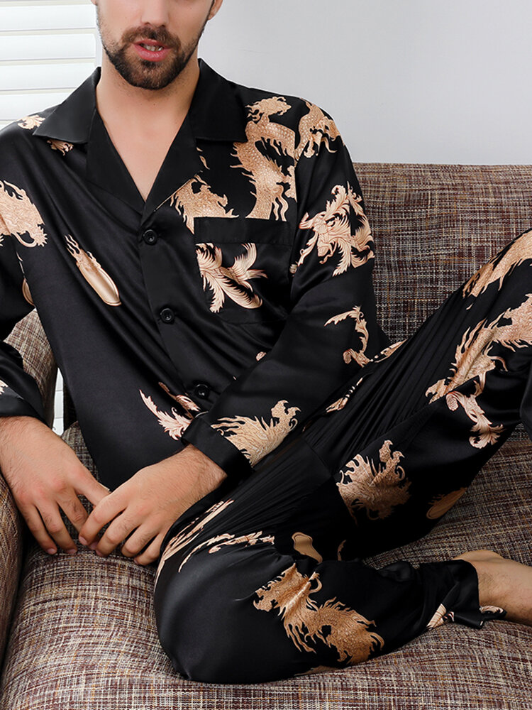 Men Satin Chinese Dragon Print Pajamas Set Patched Sleeve Smooth Breathable Sleepwear Sets