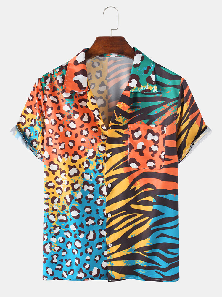 Mens Ethnic Zebra Stripe & Leopard Print Patchwork Holiday Revere Collar Short Sleeve Shirt