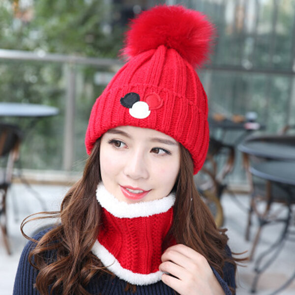 

Womens Winter Warmer Knitted Beanie Cap And Neck Collar Scarves Set With Fur Pompom Flexible Hat, Red;black;white;beige;wine red