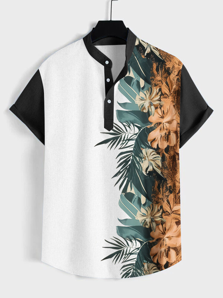 

Mens Tropical Plant Print Short Sleeve Hawaiian Vacation Henley Shirts, White