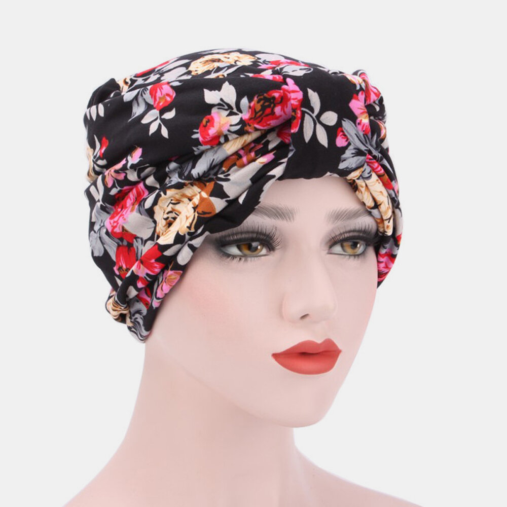 

Women Print Forehead Cross Toe Cap Floral Chiffon Beanie Hat Countryside Floral Twist Beanie, #01;#02