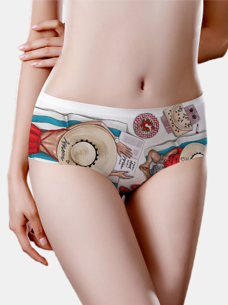 Cartoon Character Print Ice Silk Breathable Mid Waisted Panties For Women