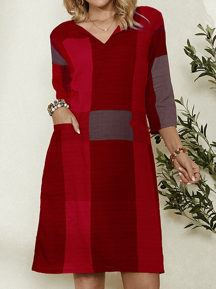 Plaid Print Contrast Color Pocket Long Sleeve Casual Dress for Women