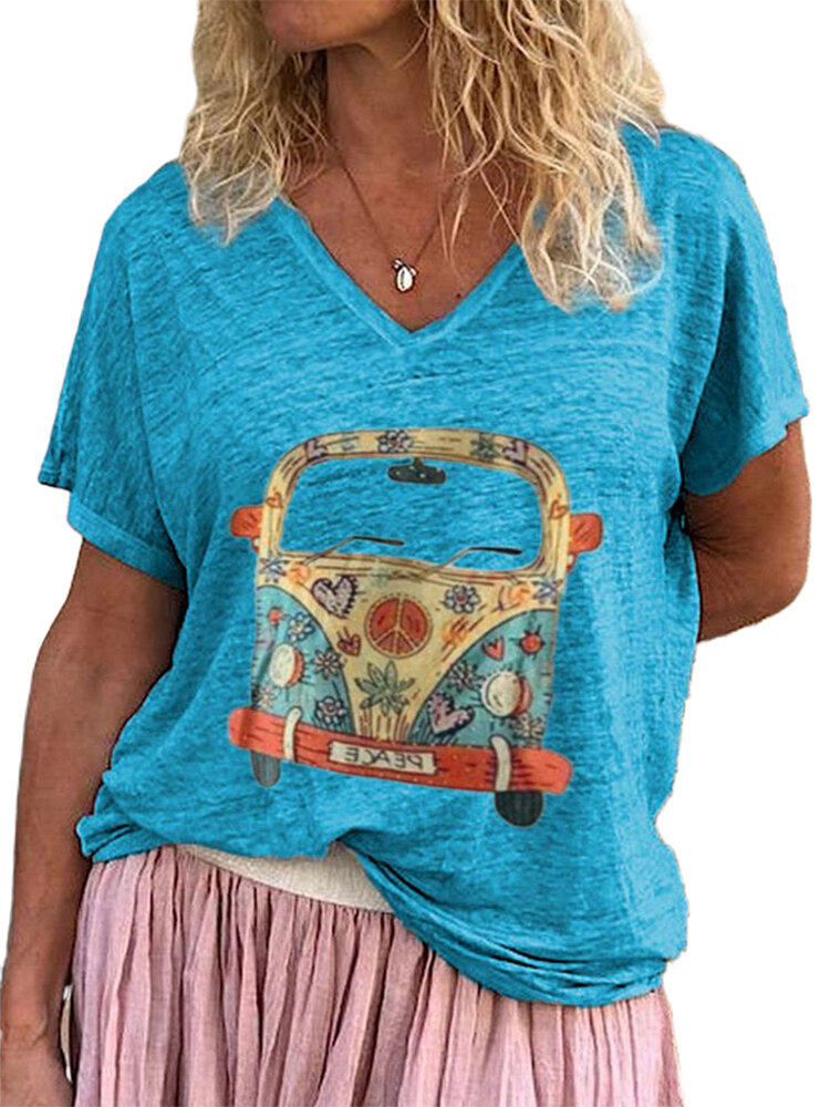 Casual Cartoon Bus Printed V-neck Short Sleeve Summer T-shirt