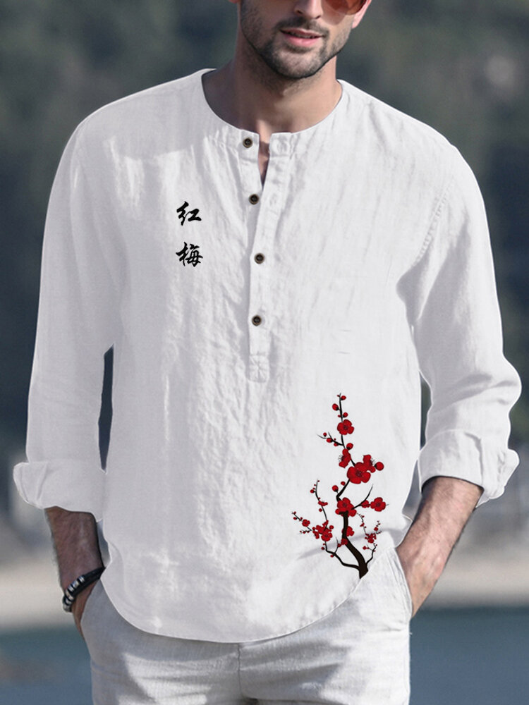 

Mens Plum Blossom Embroidered Chinese Half Open Collar Long Sleeve T-Shirts, White;gray