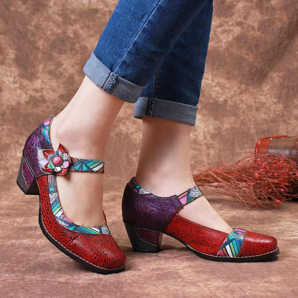 SOCOFY Colorful Floral Genuine Leather Splicing Geometric Pattern Stitching Hook Loop Pumps