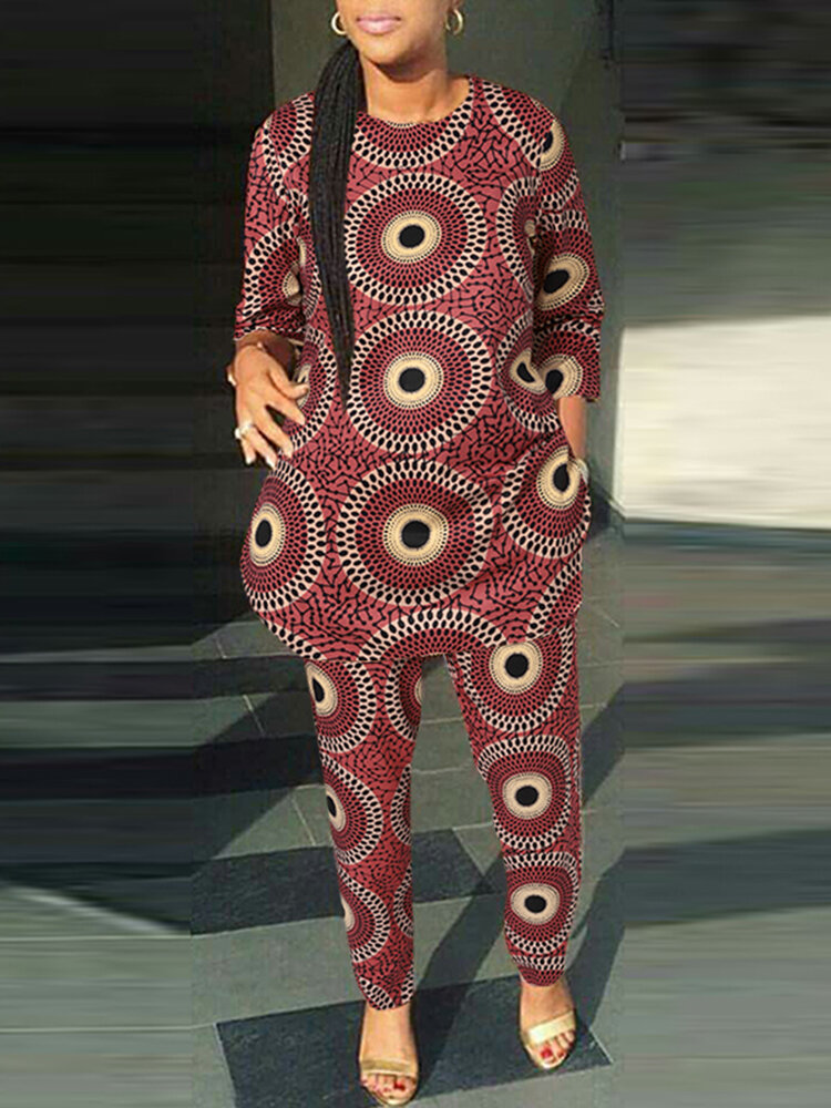 Женские брюки с геометрическим принтом Allover Circle Шея, координаты с длинными рукавами