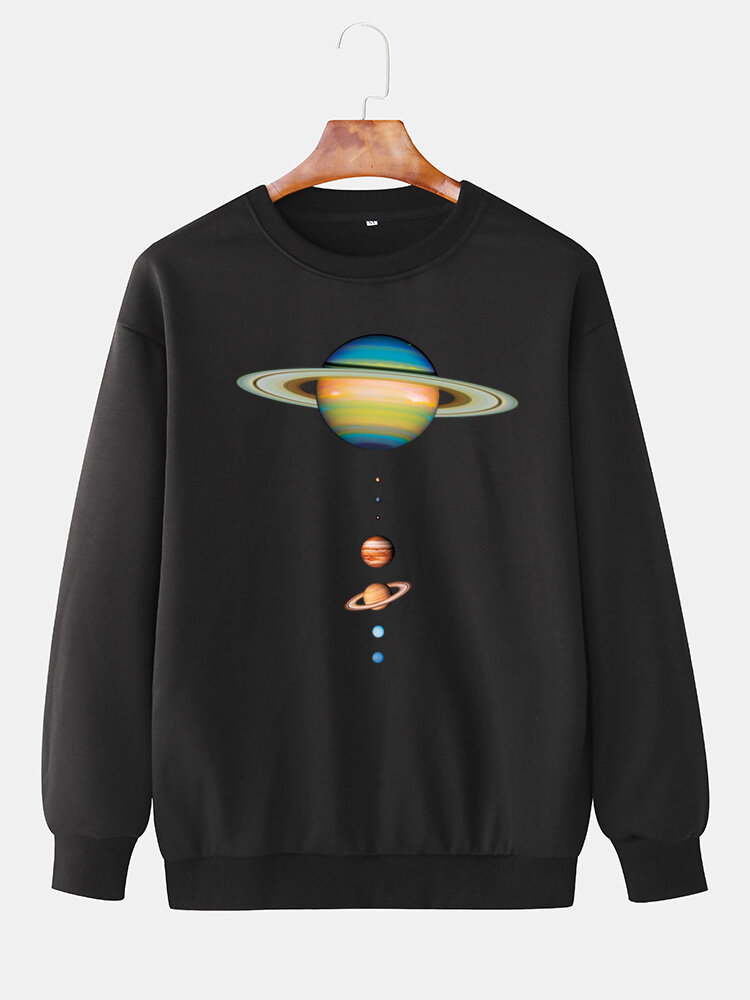 Mens Colorful Planet Print Crew Neck Casual Drop Shoulder Sweatshirts