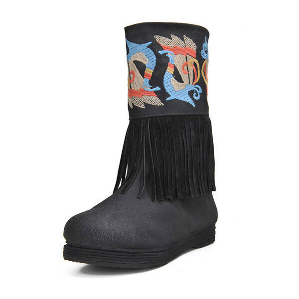 Black Dragon Tassel Vintage Slip On Mid Calf Flat Embroidery Boots