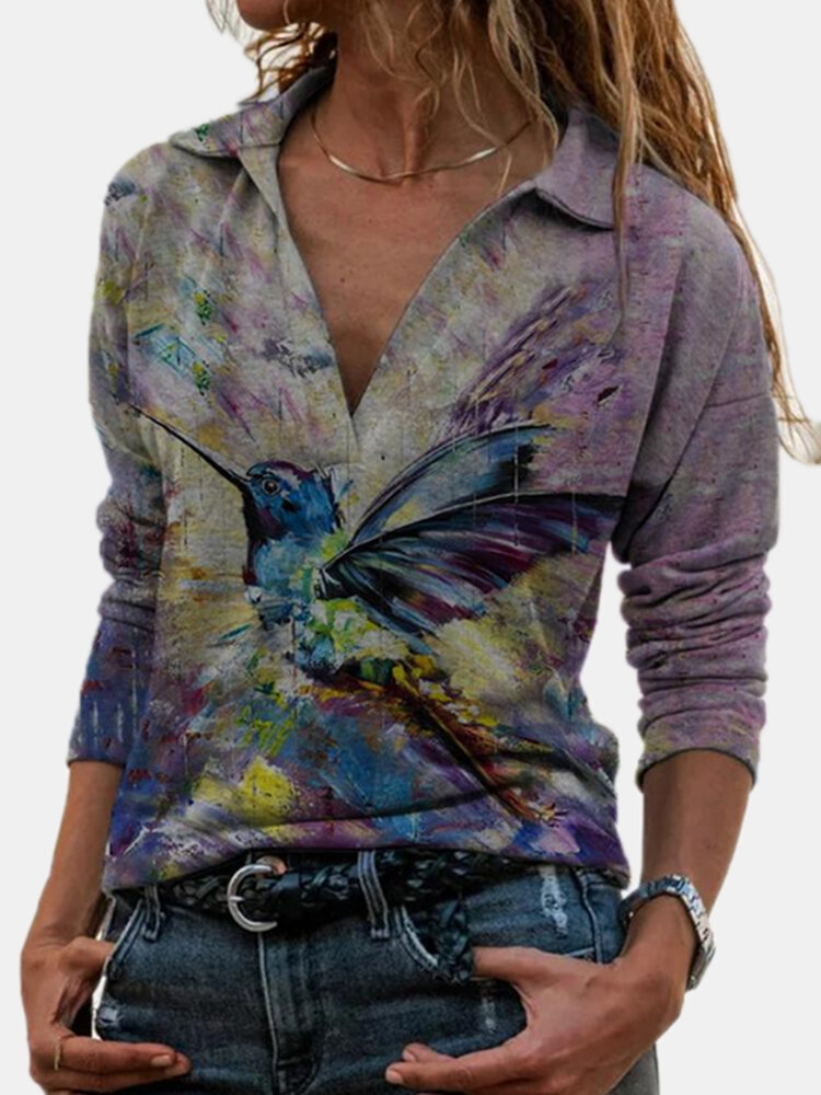 

Art Painting Cartoon Print Long Sleeves Lapel Collar Casual Blouse For Women, As picture