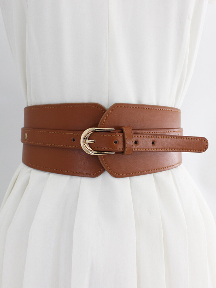 Women PU Solid Color Pin Buckle Elastic Wide Fashion Decorative Girdle Belt