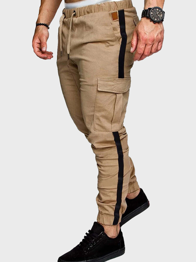 

Mens Solid Casual Side Pockets Drawstring Waist Pants, Khaki