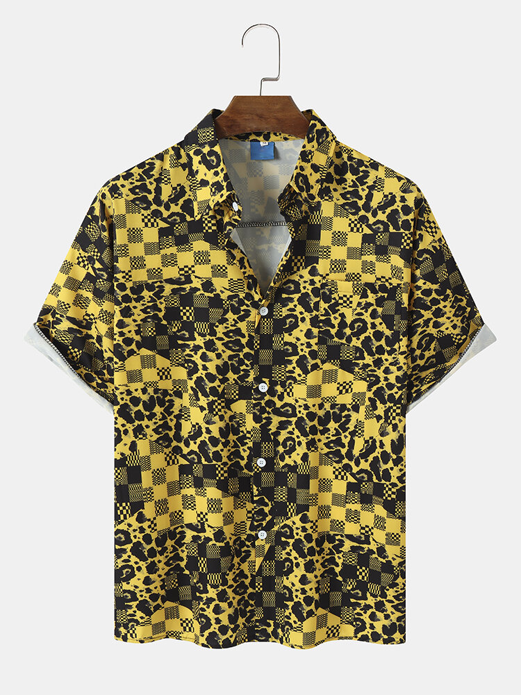 Mens Leopard Checkered Print Button Up Short Sleeve Shirts
