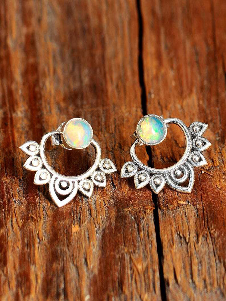 

Vintage Synthetic Opal Flowers Earrings Front-Rear Combination Dual-Use Earrings, Silver