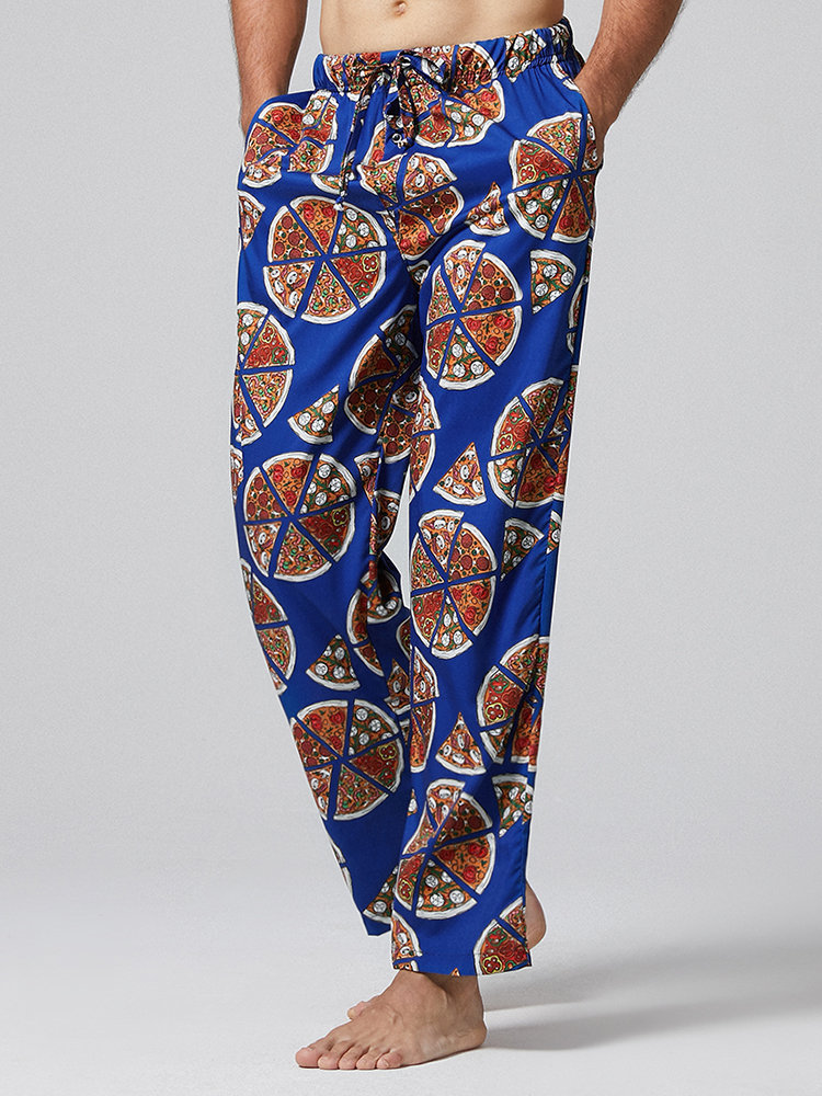 Men Pizza Print Pajamas Pant Royal Blue Loose Breathable Buttons Fly Drawstring Loungewear