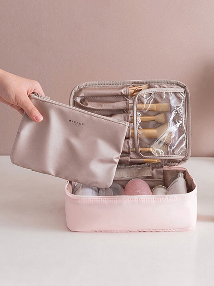 Women Dacron Brief Large Capacity Tri-fold Makeup Bag Waterproof Casual Cosmetic Bag