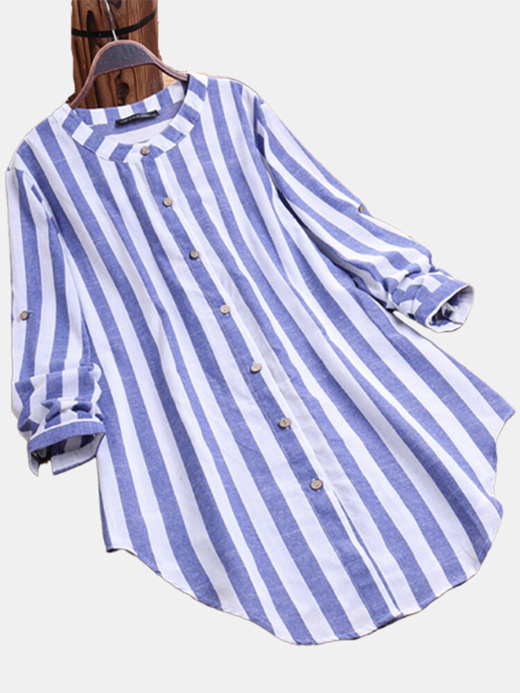 Нерегулярная пуговица в полоску Plus Размер Рубашка для Женское