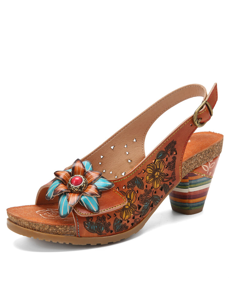 Socofy Genuine Leather Comfy Summer Vacation Bohemian Ethnic Floral Hook & Loop Slingback Heeled Sandals