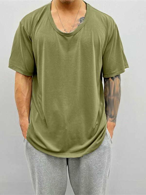 Camiseta masculina sólida com decote em U manga curta solta