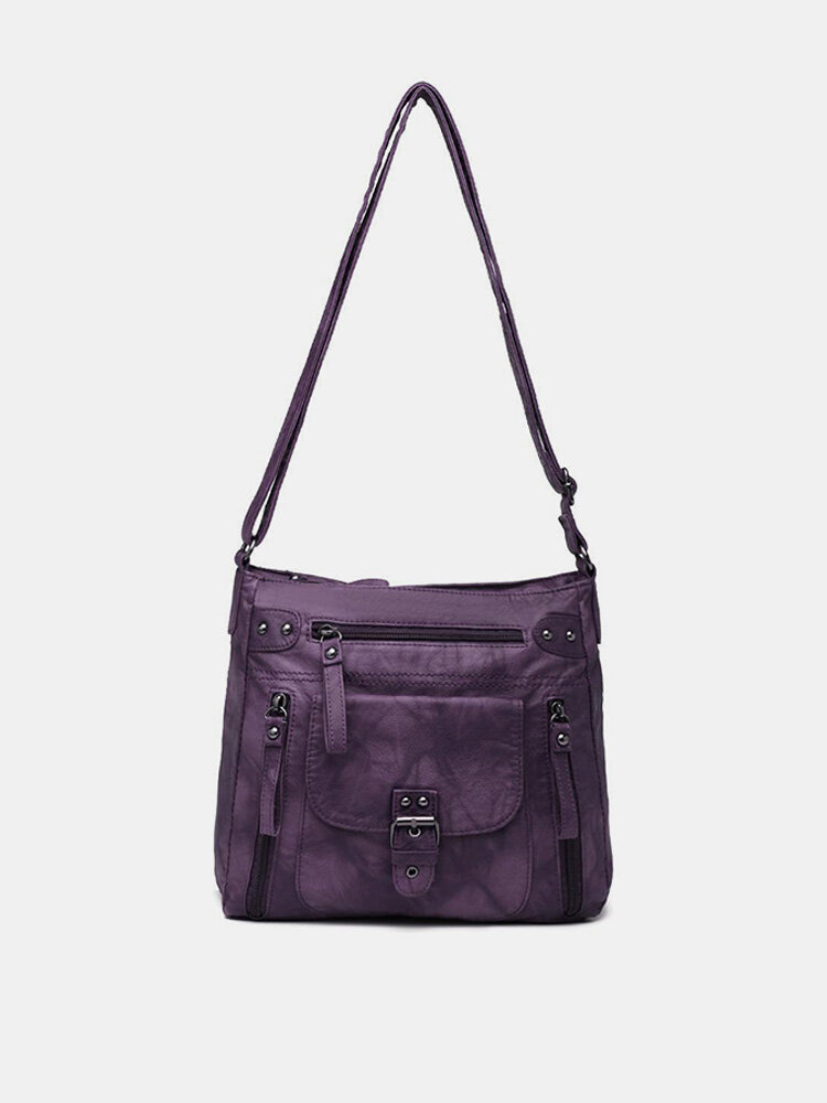 Women Vintage Faux Leather Multi-Compartments Waterproof Solid Color Crossbody Bag Shoulder Bag