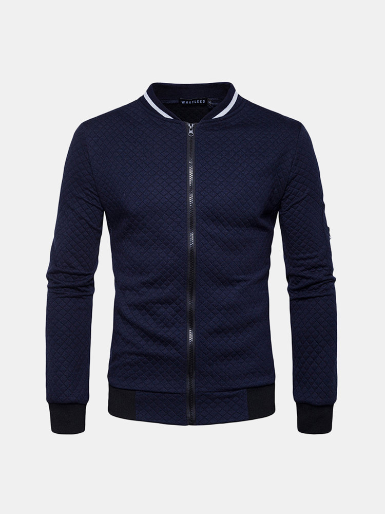 Mens Stand Collar Zipper Up Design Sweatshirts Diamond Shape Patchwork Baseball Jacket