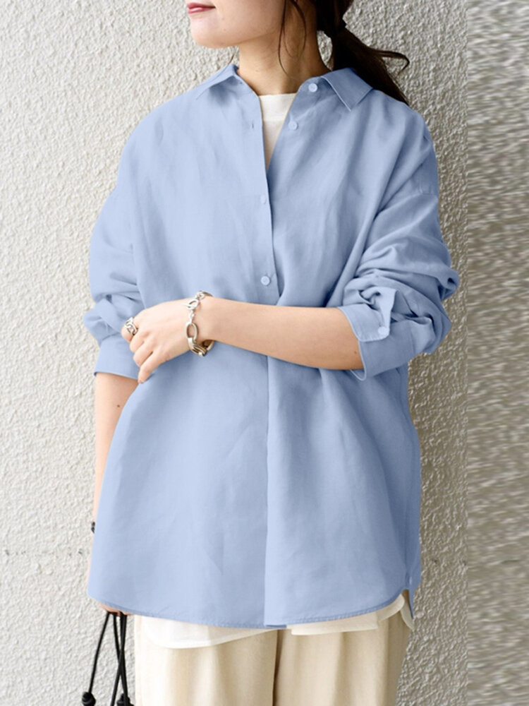 Solid Long Sleeve Lapel Button Down Shirt For Women