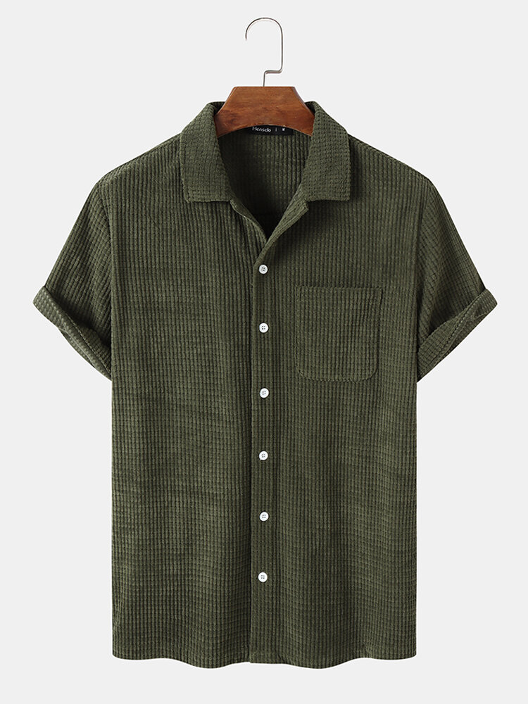 

Mens Corduroy Button Up Solid Color Short Sleeve Shirts With Pocket, Army green