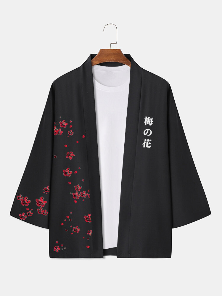 

Mens Plum Bossom Print Open Front Loose 3/4 Sleeve Kimono, Black