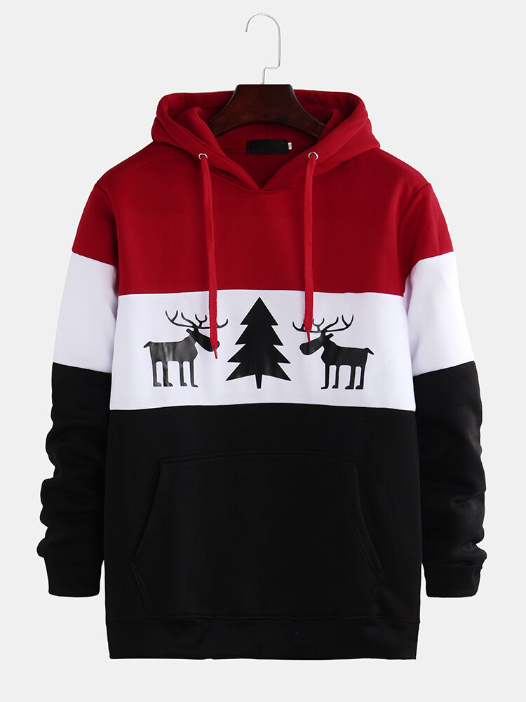 Mens Christmas Elk Printed Contrast Color Long Sleeve Loose Hooded