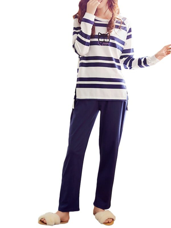 Women's Pajama Set Stripe Cartoon Split Color Block Long Sleeve Home Set