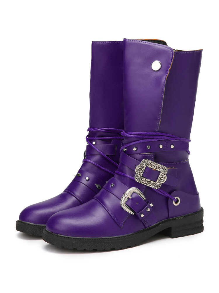 

Plus Size Women Retro Rivet Buckle Zipper Chunky Heel Mid Calf Boots, Blue;purple;black