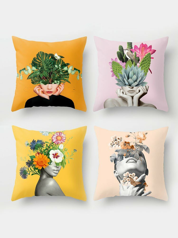 

4PCS Creative Female Woman Flower Head Avatar Pillowcase Home Sofa Couch Office Car Throw Pillow Decorative Cushion Cove