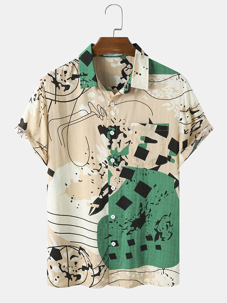 

Mens Line Drawing Color Block Print Short Sleeve Shirts With Pocket, Green