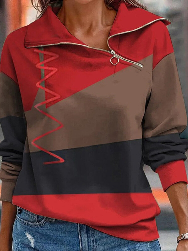 Women Color Block Patchwork Zip Lapel Casual Pullover Sweatshirt