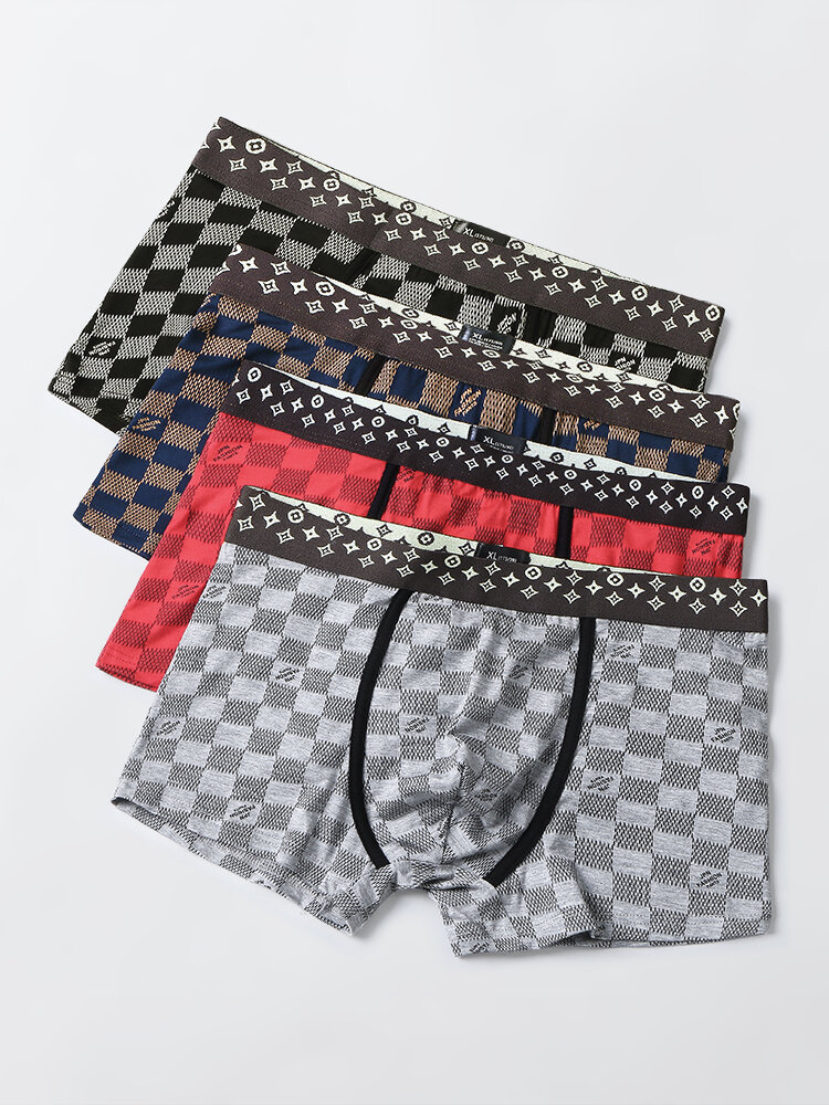 

Mens Modal Plaid Print 4Pcs Elastic Waist U Convex Pouch Home Boxers Briefs, Multicolor