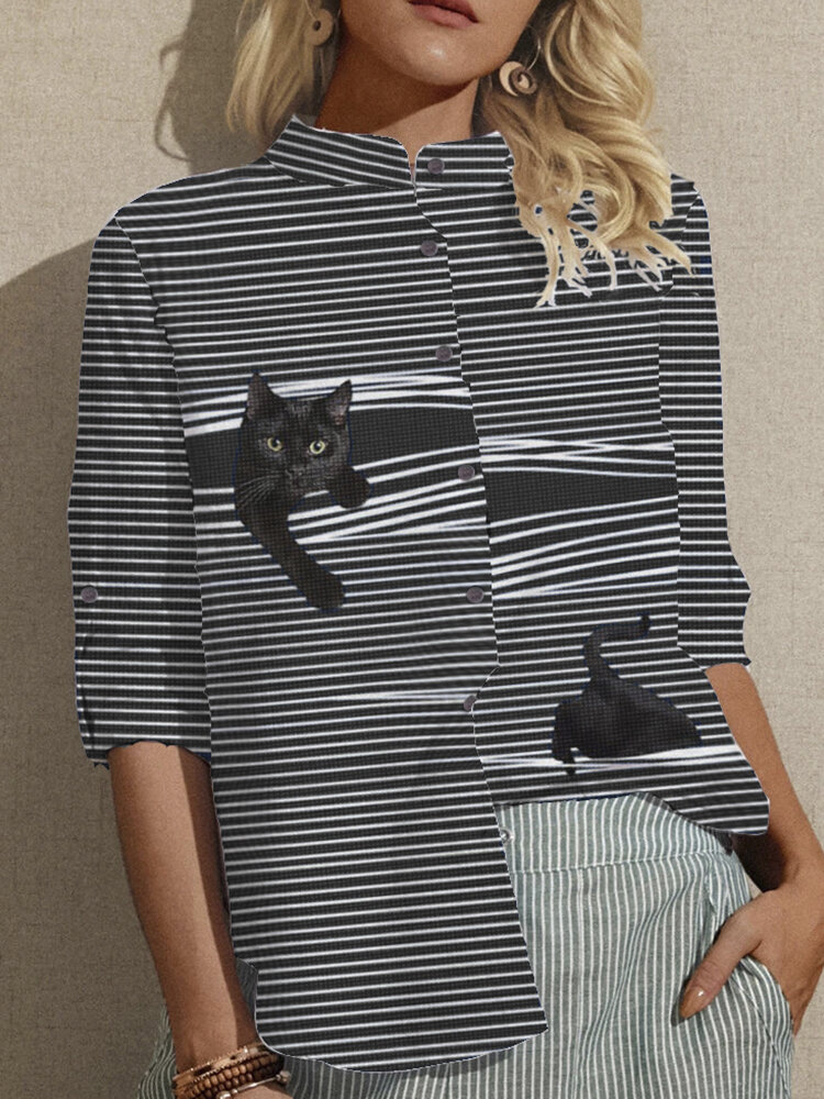 Cartoon Cat Striped Print Stand Collar Button Shirt